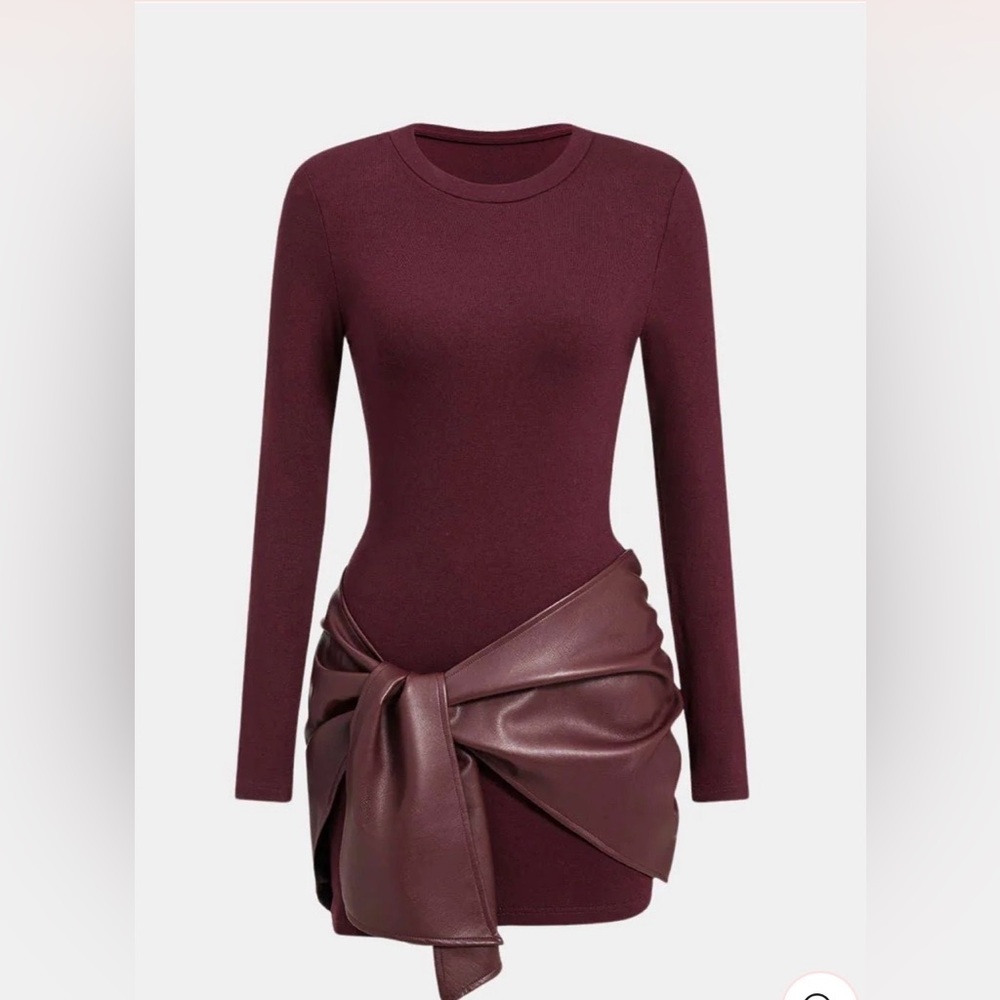 NWT MICAS Burgundy Long Sleeve Faux leather skirt Dress
